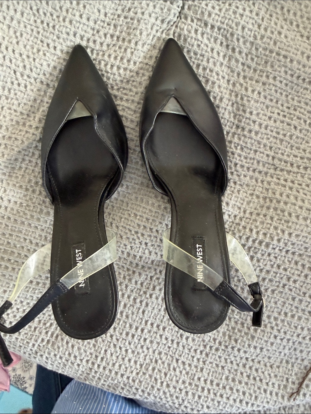 Nine West Black Pointed D'Orsay Flats with Clear sling back Straps worn once